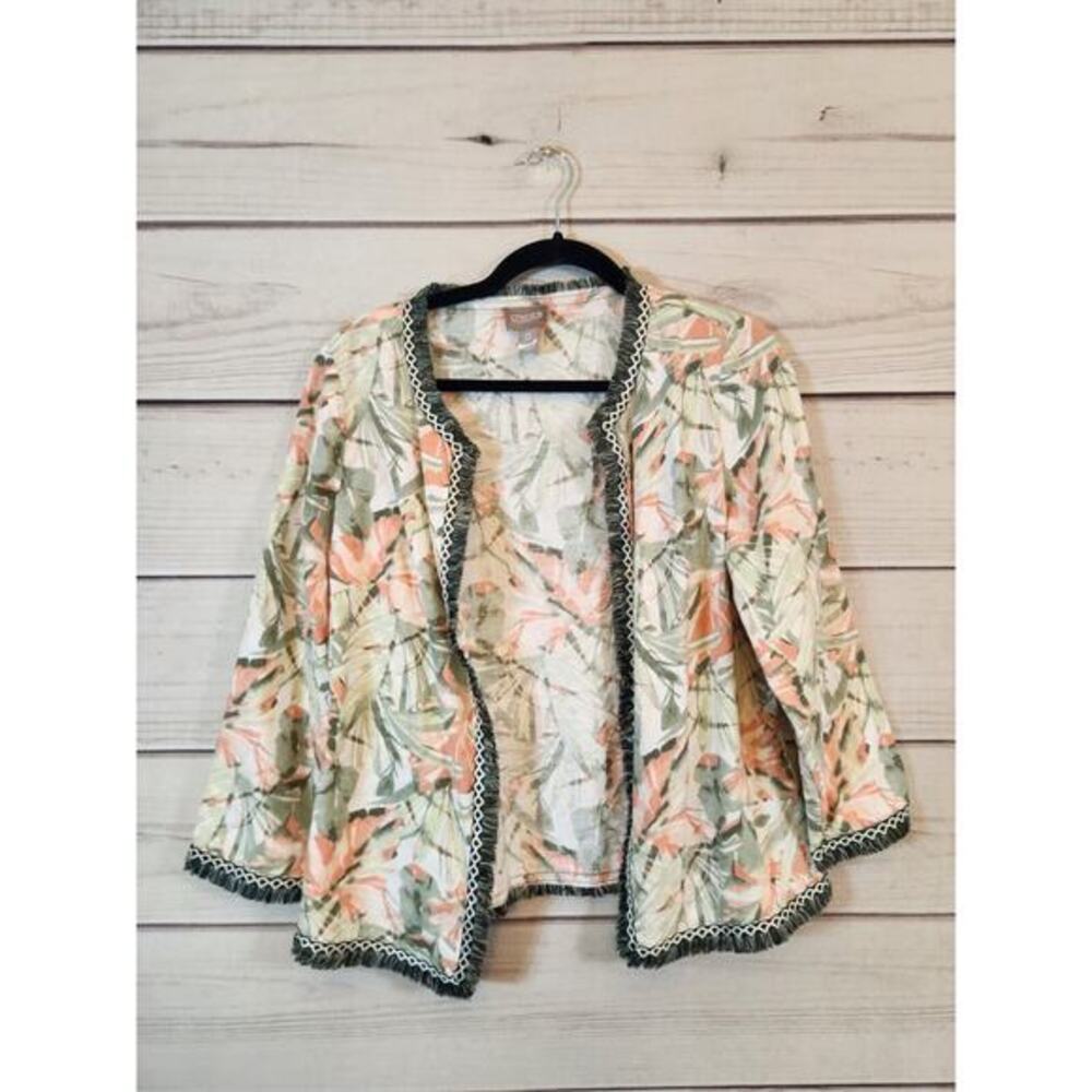 Chico’s Women's Botanical Print Fringe Linen Blend Open Cardigan Size 0 / S